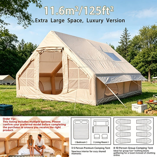 Inflatable Camping Tent 4-6 Person – 4-Season Luxury Air Tent with Manual Pump Easy Setup Windproof Glamping House for Family Outdoor Camping