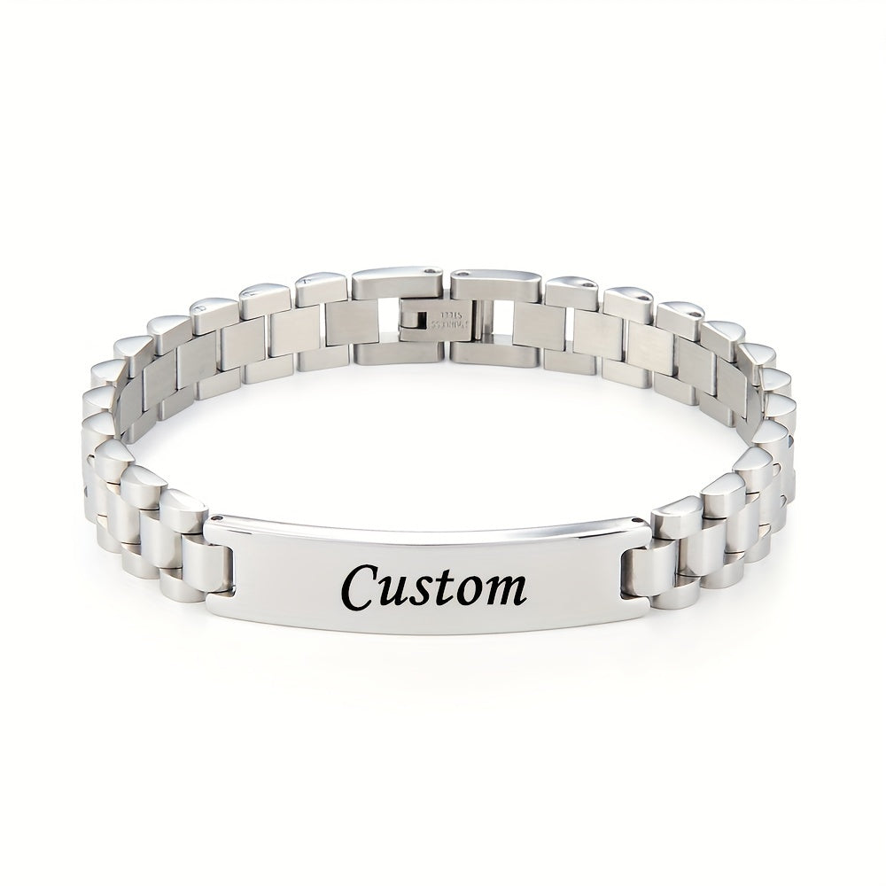 Men's Personalized Stainless Steel Bracelet – Custom Letter Engraving Punk Style, 304L Hypoallergenic Rust-Resistant Wrist Jewelry in Steel Gold Black, Birthday Father's Day Gift for Him Boyfriend Dad