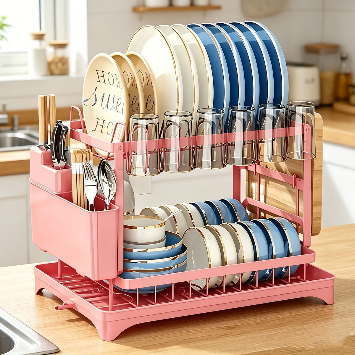 2-Tier Dish Drying Rack with Drainboard for Kitchen Counter – Large Capacity Metal Dish Drainer with Drain Tray, Organizer for Plates, Cups & Utensils, Available in Black, White & Gray