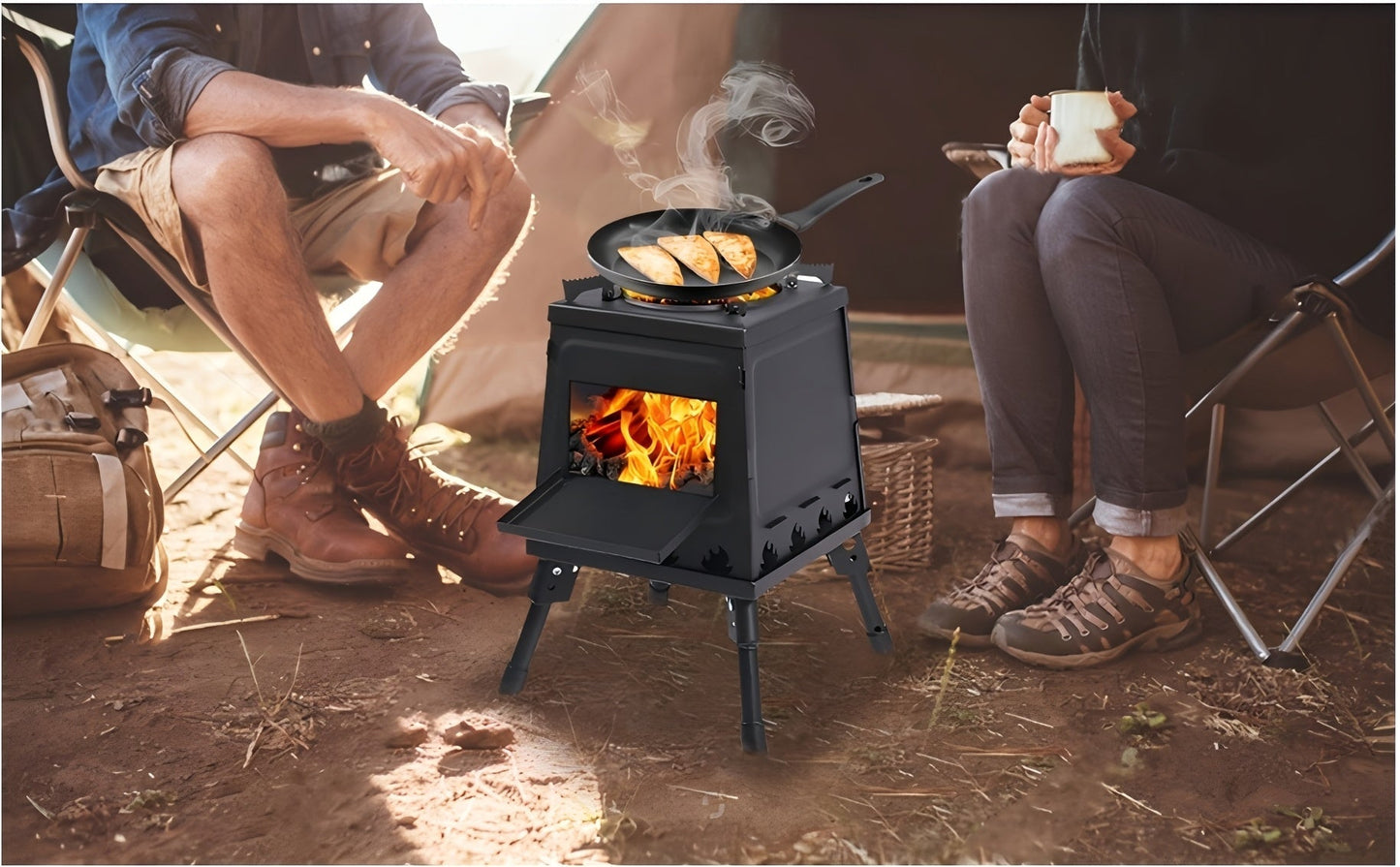 Portable Wood Burning Camp Stove – Heavy-Duty Iron Campfire Stove with Sturdy Legs & Air Vents, Firewood & Charcoal Compatible, No Electricity Needed, Outdoor Cooking for Hiking Backpacking BBQ Picnic Travel