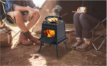 Portable Wood Burning Camp Stove – Heavy-Duty Iron Campfire Stove with Sturdy Legs & Air Vents, Firewood & Charcoal Compatible, No Electricity Needed, Outdoor Cooking for Hiking Backpacking BBQ Picnic Travel