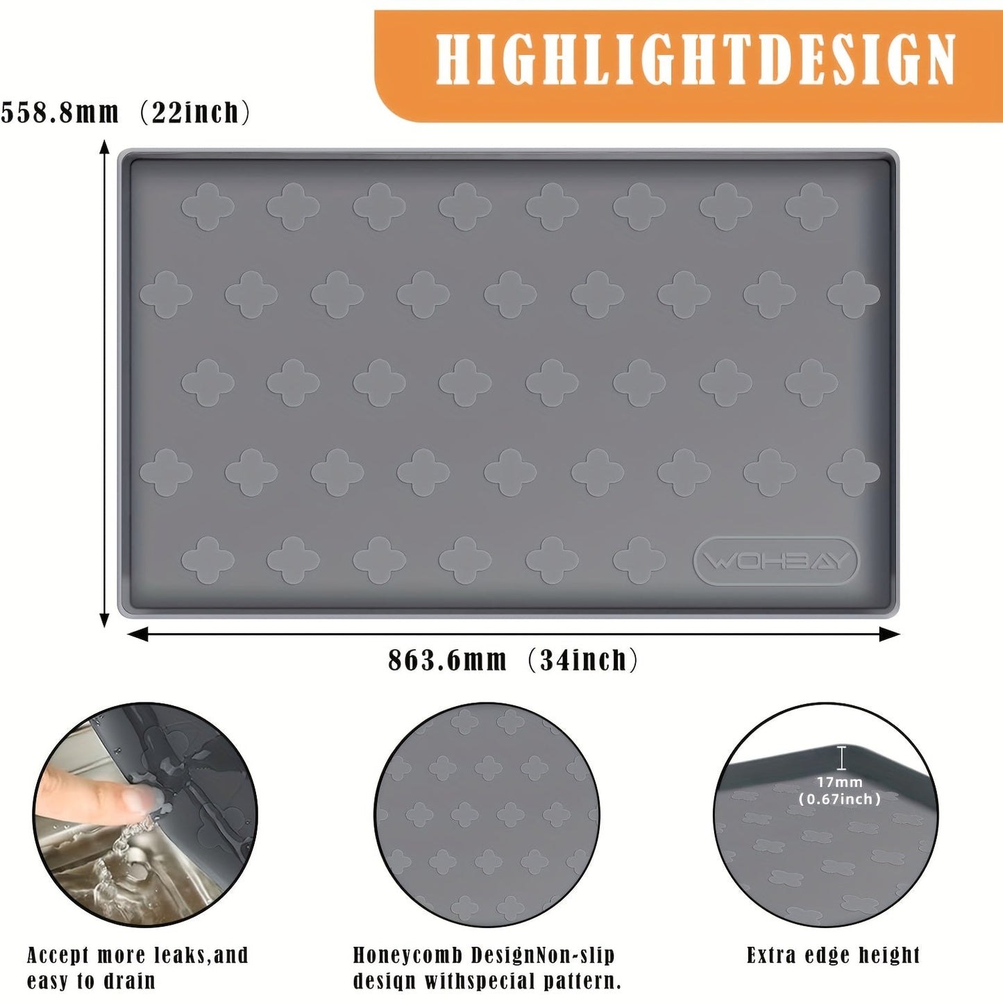 Waterproof Under Sink Mat 34" x 22" – Food-Grade Silicone Kitchen Cabinet Liner & Shelf Protector, Holds 2+ Gallons, Honeycomb Pattern, Easy to Clean, for Kitchen, Bathroom & Multi-Purpose Use