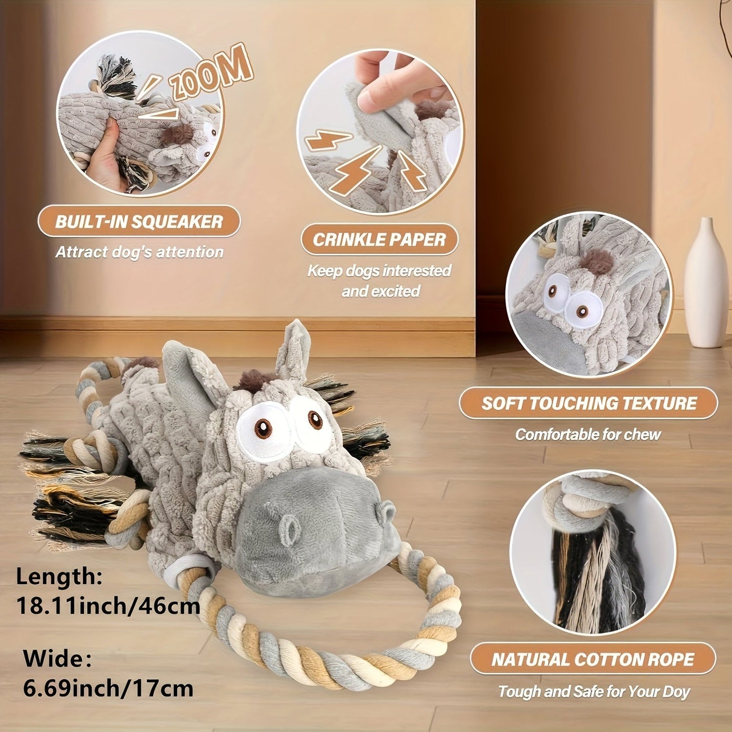 Elastic Stretch Donkey Plush Squeaky Dog Toy – Durable Tug & Chew Toy for Small, Medium & Large Dogs, Textured Spikes, No Batteries Required, Soft Gray & White Animal Design