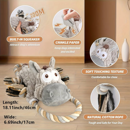 Elastic Stretch Donkey Plush Squeaky Dog Toy – Durable Tug & Chew Toy for Small, Medium & Large Dogs, Textured Spikes, No Batteries Required, Soft Gray & White Animal Design