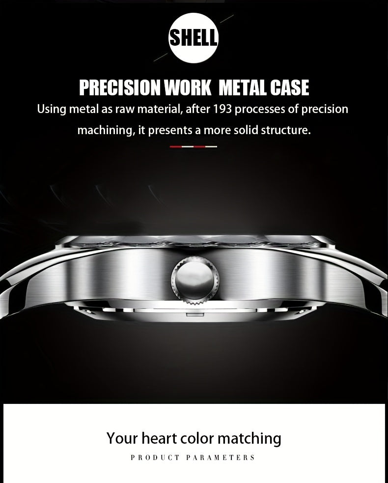 RUIGE Men's Fashion Quartz Watch – Night Light, Dual Calendar, Diamond Shaped Mirror Dial, Stainless Steel Case, Alloy Strap, Business Casual Wristwatch, Perfect Father's Day Gift for Men