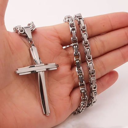 Stainless Steel Cross Necklace and Bracelet Set Unisex Boho Vintage Thickened Silver Jewelry Set for Men and Women Daily Wear Party Gift
