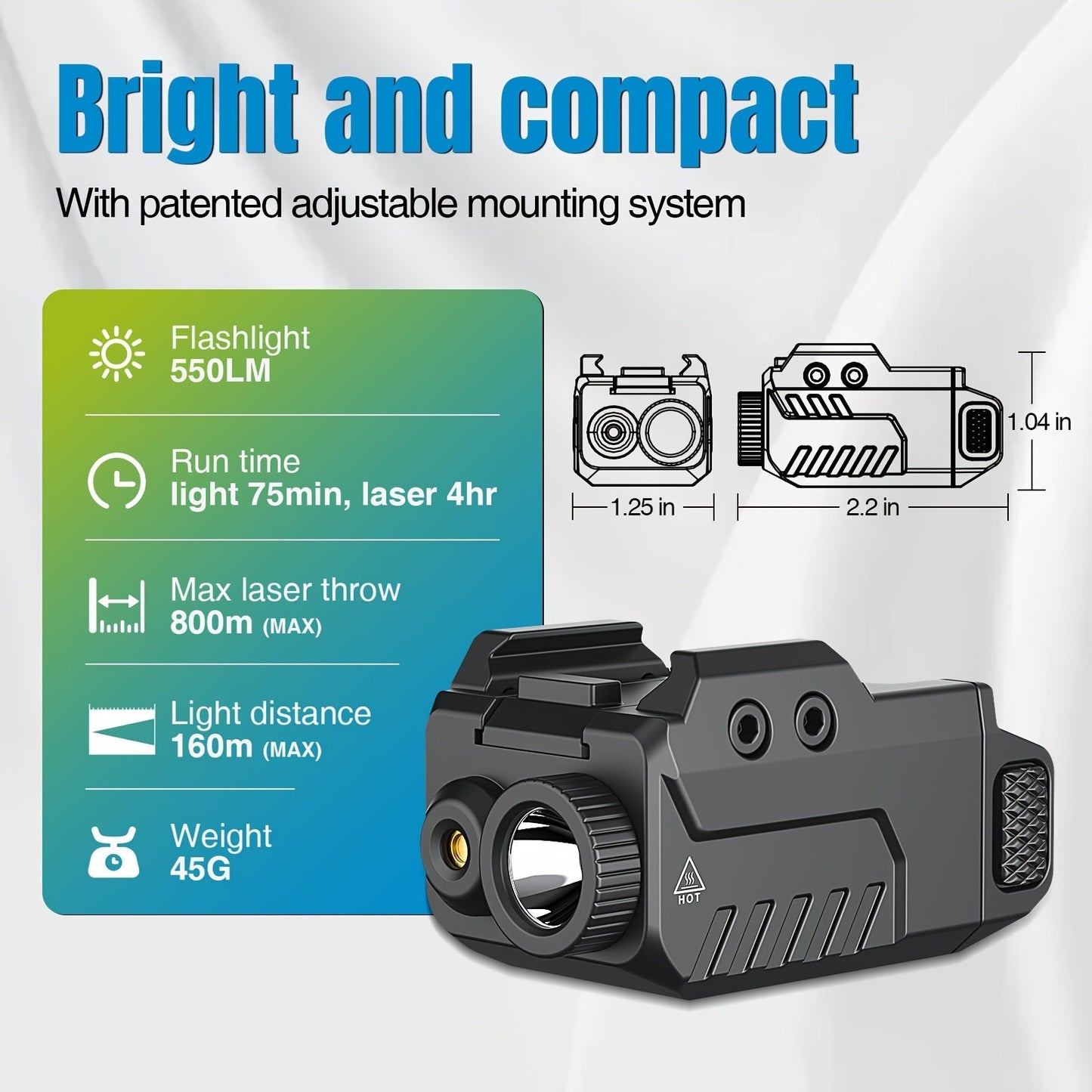 550 Lumens Low Profile Tactical Flashlight with Red Green Blue Laser Sight for Picatinny Rail Pistol Compact Handgun Weapon Light Laser Beam Combo for Shooting Range Home Defense Hunting