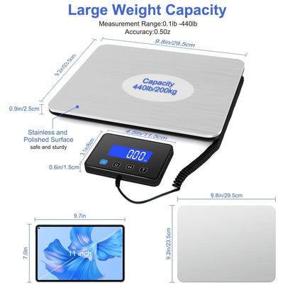 Digital Shipping Scale 440 lbs High Precision 0.5oz Accuracy for Postal Mail Packages, Small Business Warehouse Home Use, Includes Batteries & Charging Cable