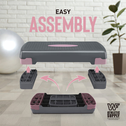 Adjustable Height Aerobic Stepper Set with 2 Dumbbells & Measuring Tape – Non-Slip Exercise Step Platform, 4"-6" Level Risers, 550 LB Capacity, Home Gym Workout – Pink Grey, Blue & Green