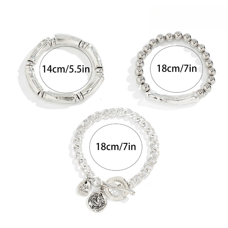 3pcs 925 Silver Chunky Bangle Set for Women – Stackable Hip Hop & Punk Style Bold Statement Bracelets, Silver-Plated, Layered Wrist Stack for Any Occasion