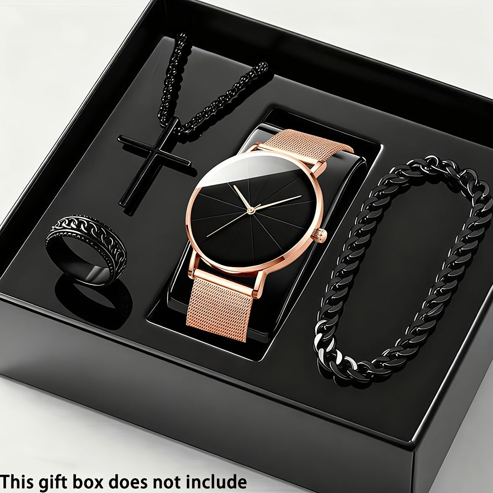 4-Piece Men's Quartz Watch and Bracelet Gift Set - Elegant Alloy Case Round Dial Sports Casual & Business Wristwatches with Matching Bracelet for Everyday Wear, Birthdays & Anniversaries