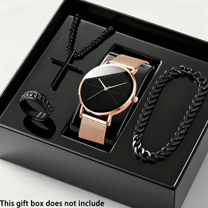 4-Piece Men's Quartz Watch and Bracelet Gift Set - Elegant Alloy Case Round Dial Sports Casual & Business Wristwatches with Matching Bracelet for Everyday Wear, Birthdays & Anniversaries