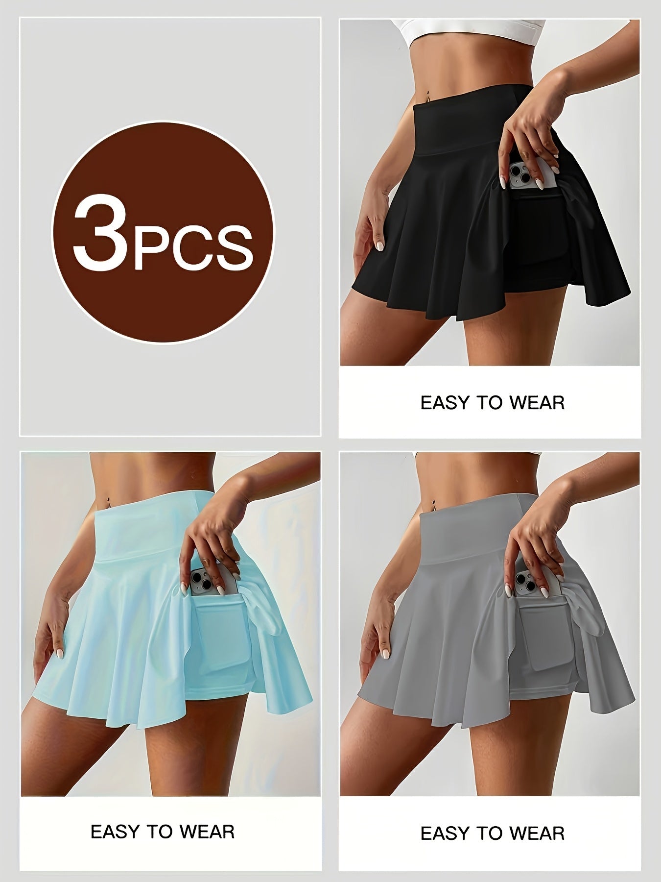 Women's Athletic Pleated Tennis Skort 3-Pack High Waist with Pockets Stretchy Polyester Yoga Skirt Machine Washable Side Tie Detail Comfort Fit for Tennis Yoga Gym Dance Sizes S-XXL