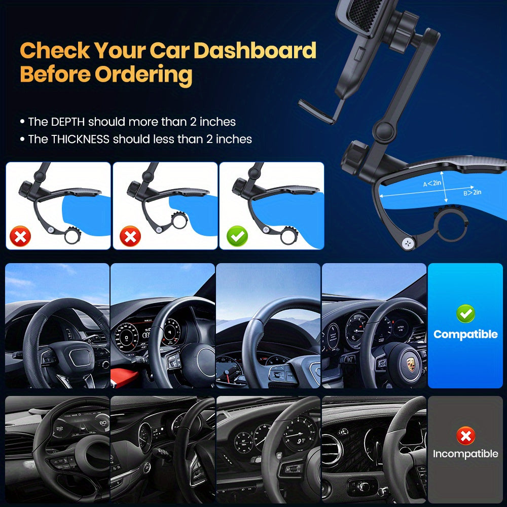 Car Dashboard Phone Mount 360 Degree Adjustable - Universal Cell Phone Holder with Anti-Slip Silicone Clip, Multi-Angle Stable Mounting for All Smartphones, Black
