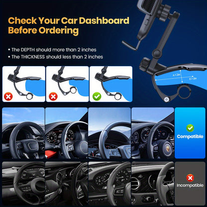 Car Dashboard Phone Mount 360 Degree Adjustable - Universal Cell Phone Holder with Anti-Slip Silicone Clip, Multi-Angle Stable Mounting for All Smartphones, Black