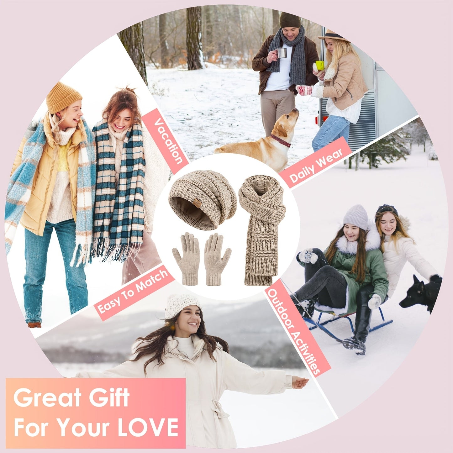 Women's 3-in-1 Winter Set Hat Long Scarf Touchscreen Gloves Soft Warm Cold Weather Accessories 4 Colors Gift for Her