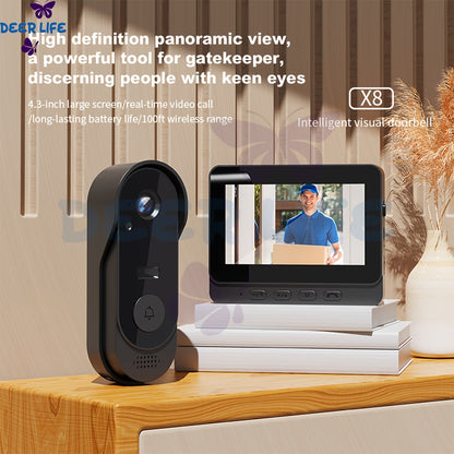 Wireless Video Doorbell Camera with Monitor, No Subscription HD Smart Doorbell with Night Vision, Two-Way Talk, 4.3-Inch Screen & 128GB Storage for Home Security