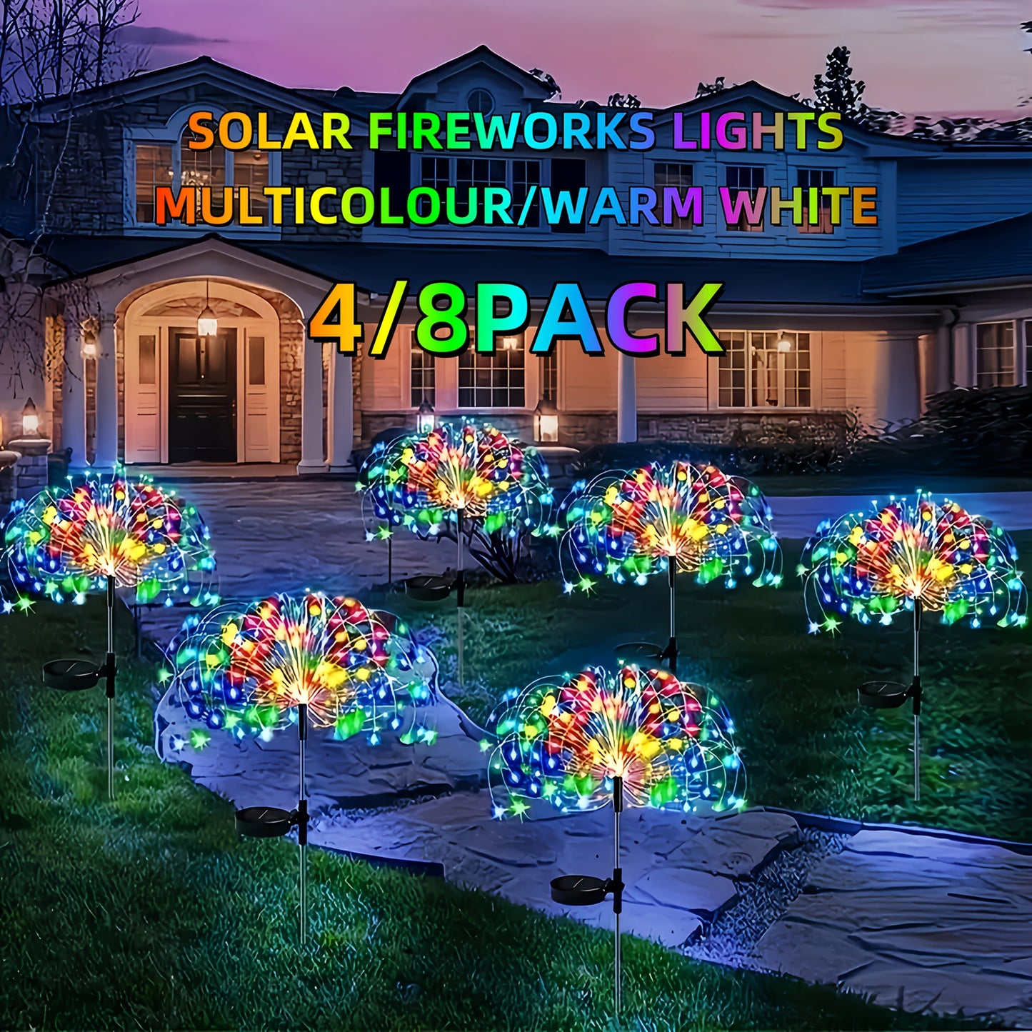 Solar Fireworks Lights Outdoor 240-640 LED Starburst Garden Stake Lights 8 Modes Waterproof Dusk to Dawn Auto On/Off – 4 Pack & 8 Pack for Christmas Yard Patio Wedding Lawn Decor Warm White Cool White Multicolor
