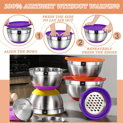 26-Piece Stainless Steel Mixing Bowls Set with Airtight Lids 3 Grater Attachments Non-Slip Bottoms 6 Sizes 7 4 2.5 2.0 1.5 1QT for Mixing Serving Baking Kitchen