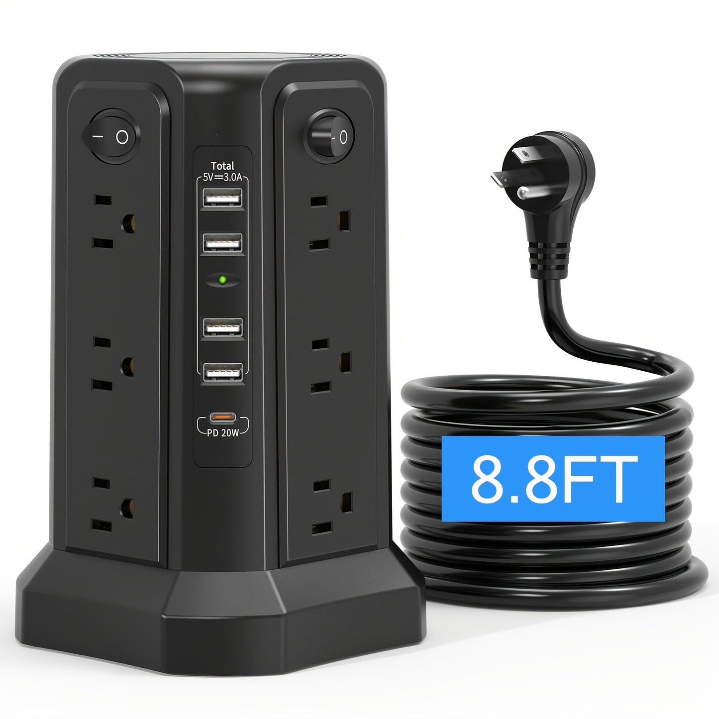 Power Strip Tower 16 AC Outlets 5 USB Ports USB-C PD20W 1500J Surge Protector Flat Plug Desktop Extension Cord