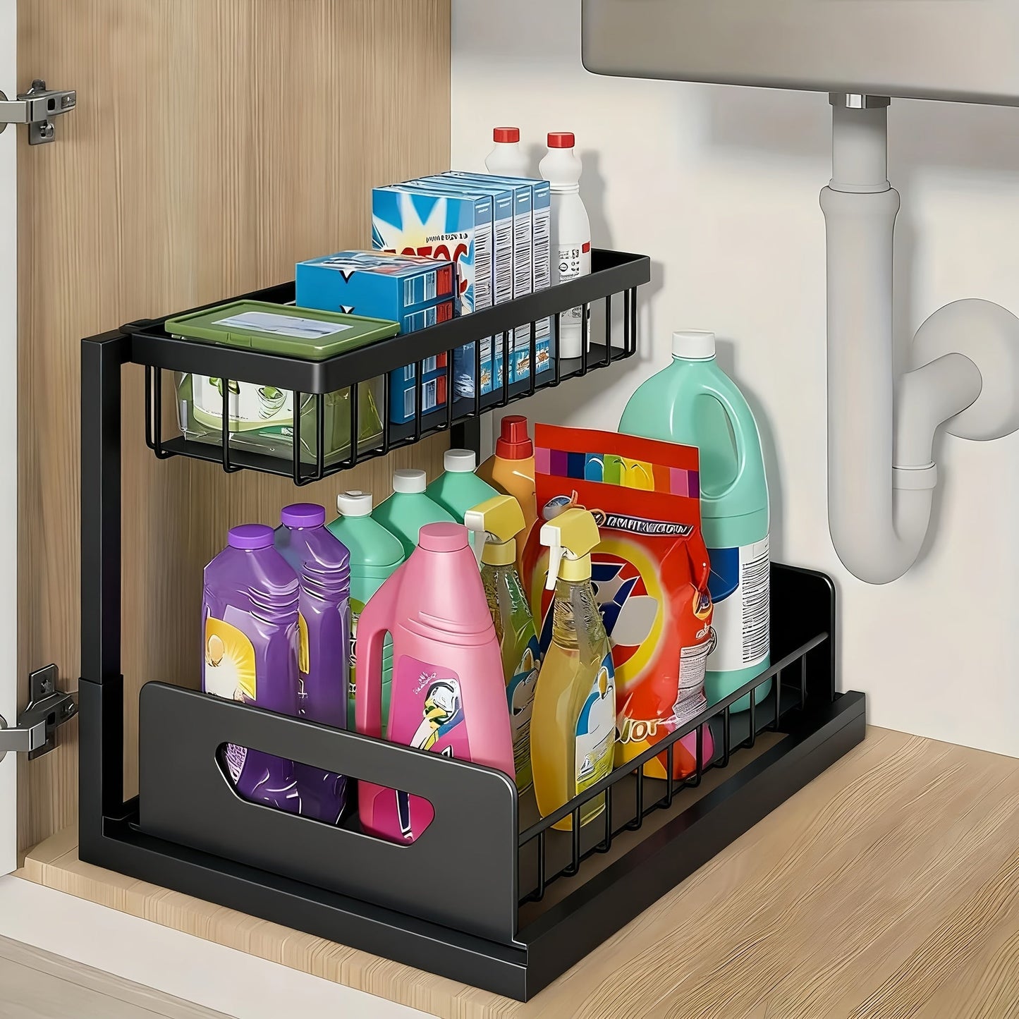 Under Sink Organizer 2 Tier Pull Out Cabinet Storage Organizer with Metal Sliding Drawers Kitchen Bathroom Tabletop Organizer and Storage Rack Accessories