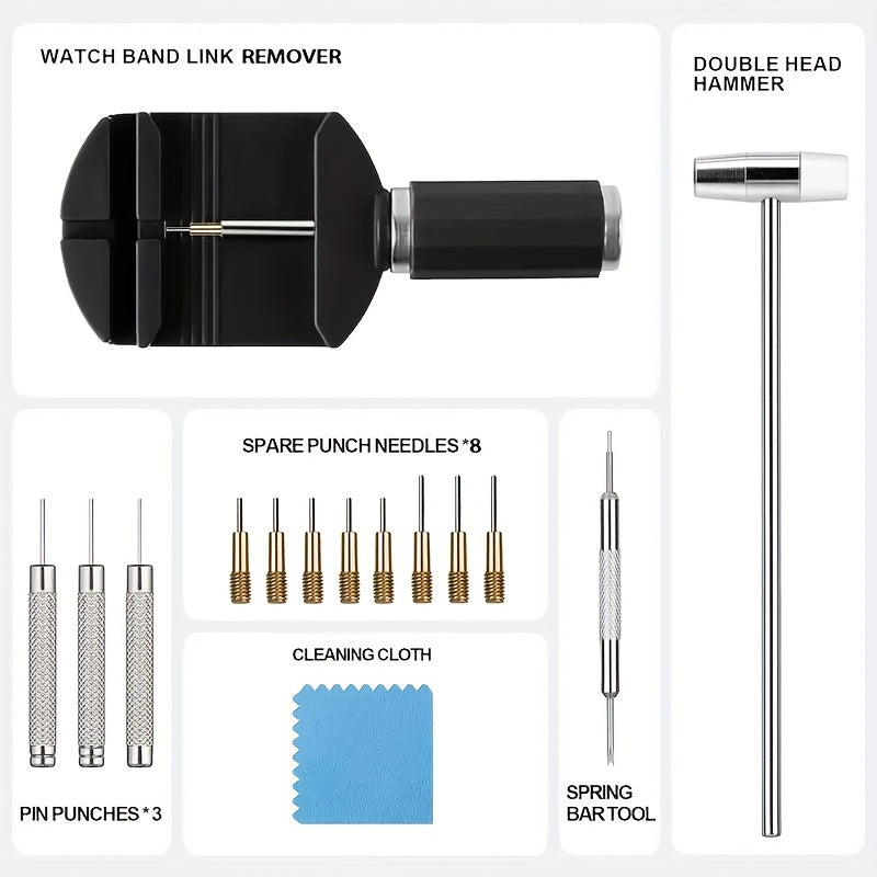 15 Piece Professional Watch Band Removal Tool Kit – Stainless Steel Watch Band Pin Remover with Plastic Base, No Assembly Required, Suitable for Watch Band Adjustment and Repair at Home