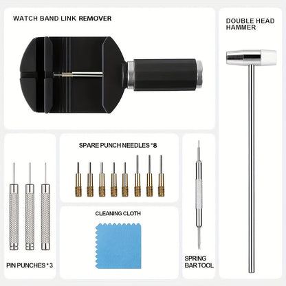 15 Piece Professional Watch Band Removal Tool Kit – Stainless Steel Watch Band Pin Remover with Plastic Base, No Assembly Required, Suitable for Watch Band Adjustment and Repair at Home