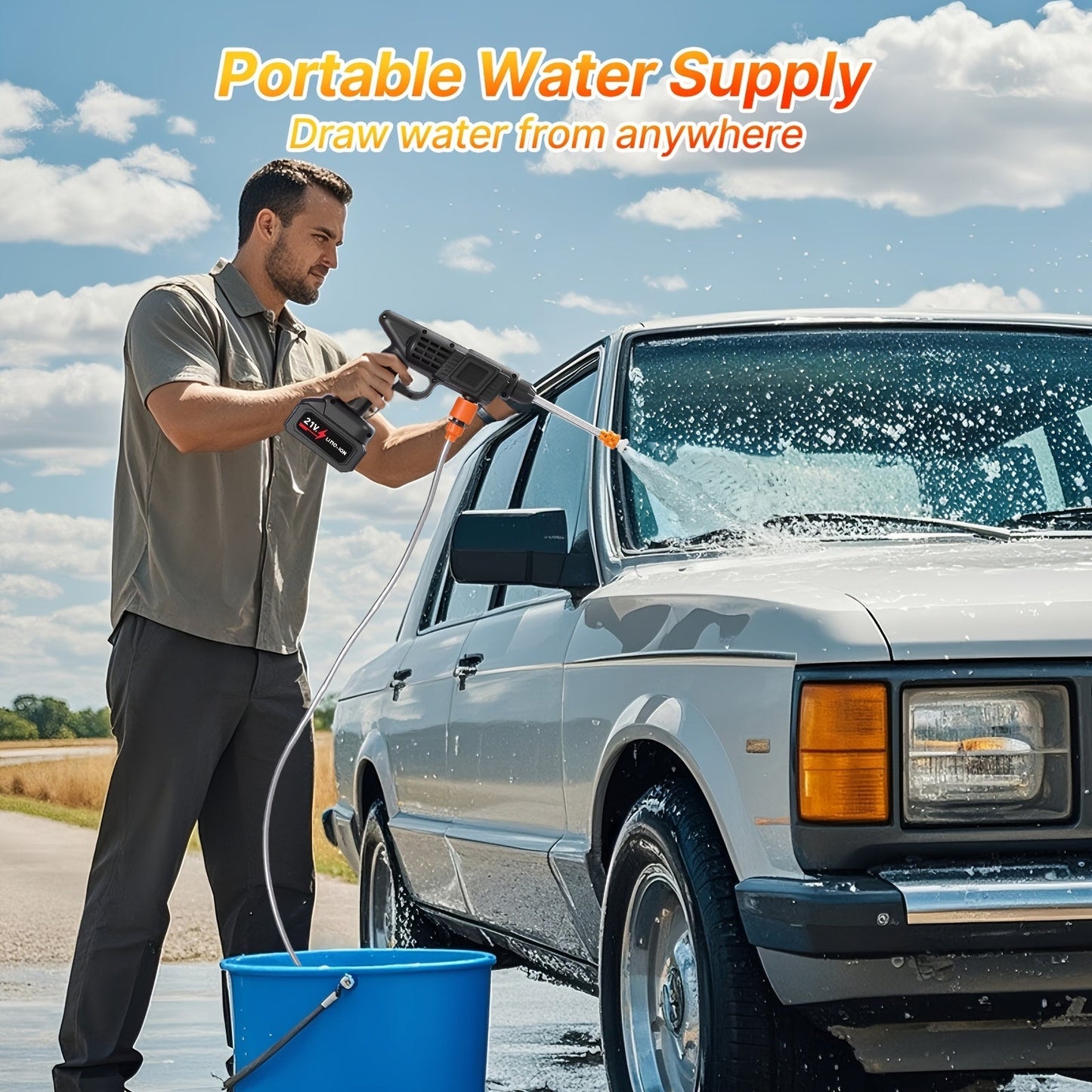 Cordless Pressure Washer 300W, Handheld Electric Car Wash Gun with 6-in-1 Nozzle, 1.3GPM High Pressure Washer with 15000mAh Battery, 60-Min Runtime for Car Wash, Home, Floor & Garden Cleaning