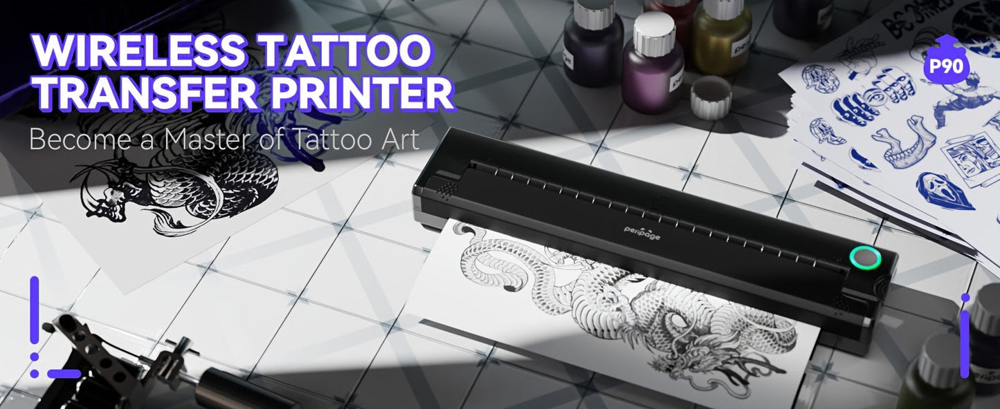 Peripage P90 Tattoo Stencil Printer – Portable Thermal Printer for Tattoo Transfer Paper, Compatible with iOS Android & PC, Mini Wireless Printer Includes 5pcs A4 Transfer Paper, Gift for Tattoo Artists