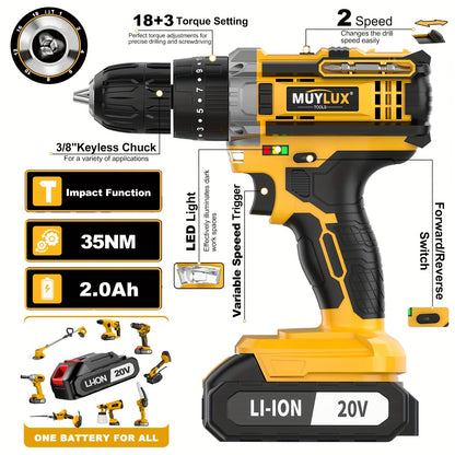 20V Cordless Drill Set with Battery & Fast Charger – Impact Power Drill, 45Nm Torque, 3/8" Keyless Chuck, 18+3 Clutch, 2-Speed, LED Work Light for Home & DIY