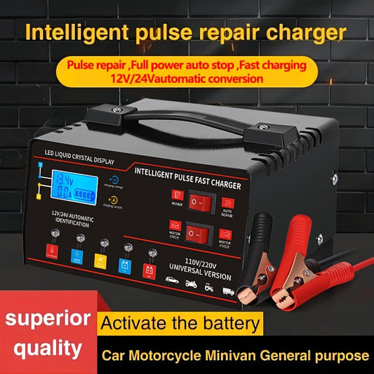Smart Universal Battery Charger 12V 24V with LCD Screen Pulse Repair Trickle Maintainer for Car Truck Motorcycle Boat Lawn Mower Harvester – Automatic Temperature Regulation
