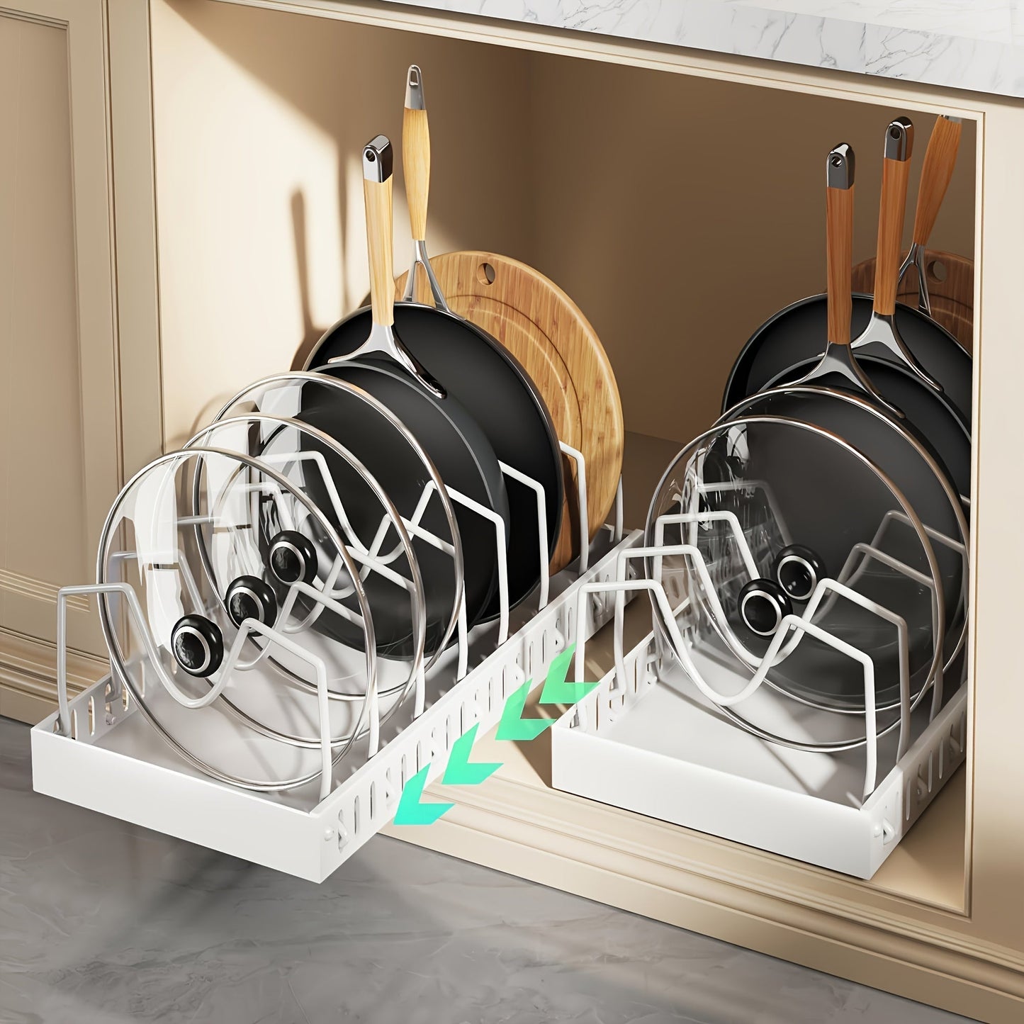 Pull Out Pot & Pan Organizer Rack for Under Cabinet – Slide Out Lid Holder with 8 Adjustable Compartments, Drill-Free Install, Kitchen Cabinet Cookware & Baking Sheet Organizer – 1pc or 2pcs