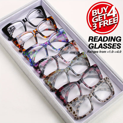 Women's Reading Glasses Set 7 Pairs – Large Square Vintage Style, Spring Hinges, +1.0 to +4.0 Magnification, Durable PC Frame, Stylish Everyday Eyewear for Women