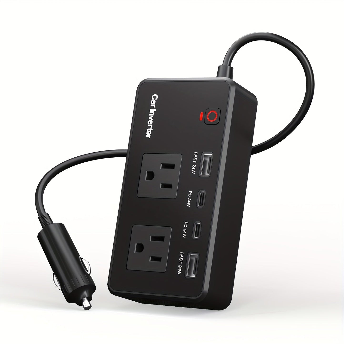200W Car Power Inverter DC 12V to AC 110V with 24W USB-C & USB-A 4.8A Ports – Vehicle Outlet Adapter for Laptop, Camping, Travel & Road Trip Power Converter
