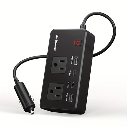 200W Car Power Inverter DC 12V to AC 110V with 24W USB-C & USB-A 4.8A Ports – Vehicle Outlet Adapter for Laptop, Camping, Travel & Road Trip Power Converter