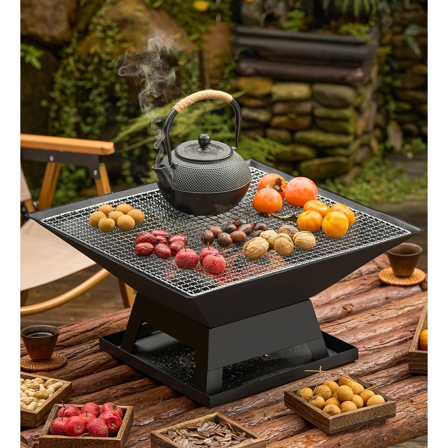 Outdoor Fire Pit 18.5 Inch Heavy-Duty Wood Burning Bowl with BBQ Grill Grate, Ash Collector, Fireproof Cover & Charcoal Hook – Backyard Patio Heater for Camping, Picnics & Gatherings