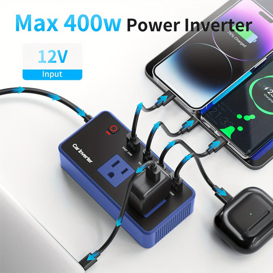 200W Car Power Inverter DC 12V to 110V AC with PD 24W & QC 24W Quick Charge – Dual Fast Charging Vehicle Adapter for Car Office, Work from Car, Camping & Road Trip