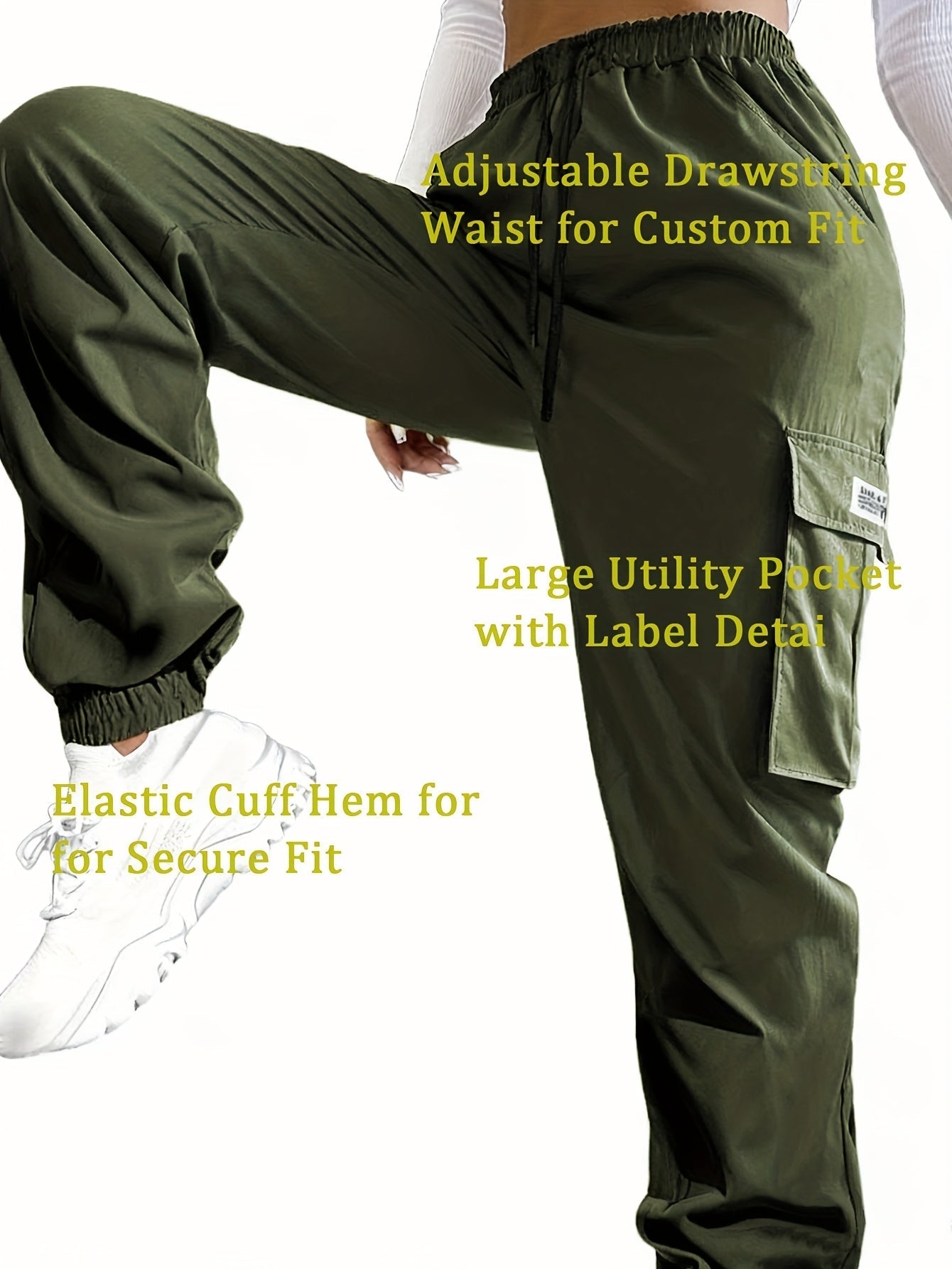 Women's Cargo Pants with Zippered Pockets – Elastic Drawstring Waist Large Pocket Casual Outdoor Trousers Black Grey Green Blue XS-XXL