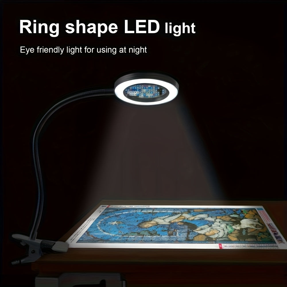 Diamond Painting Magnifier LED Clamp Lamp 10X Hands-Free – USB 5V, 3 Color Modes, 10 Brightness Levels, 18'' Flexible Gooseneck, Clamp Desk Light for Crafts Sewing Jewelry Embroidery Reading