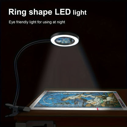 Diamond Painting Magnifier LED Clamp Lamp 10X Hands-Free – USB 5V, 3 Color Modes, 10 Brightness Levels, 18'' Flexible Gooseneck, Clamp Desk Light for Crafts Sewing Jewelry Embroidery Reading