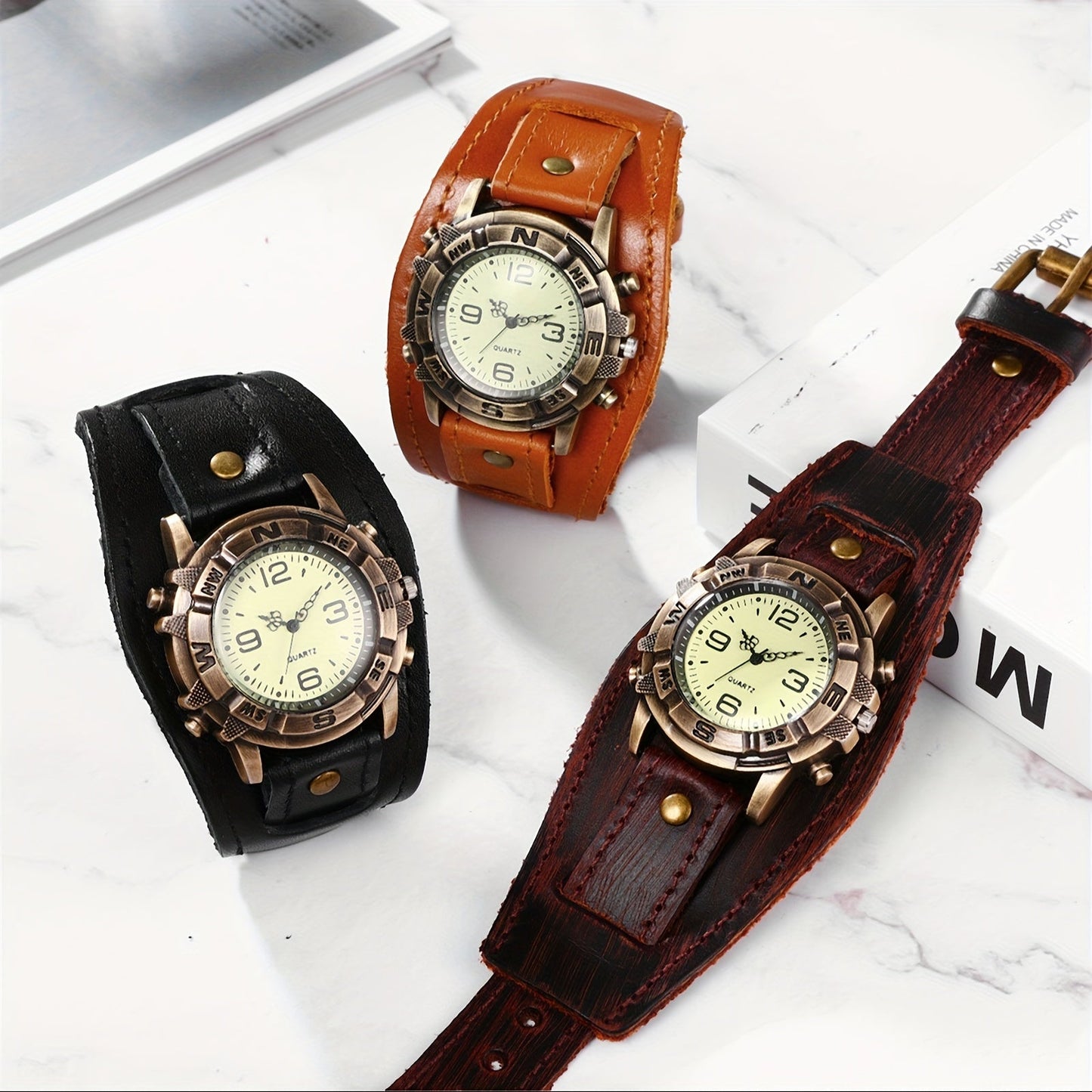 Vintage Steampunk Wide Leather Strap Analog Quartz Watch for Men Women – Unisex Biker Style Round Case, Dark Brown Black Brown, Halloween Christmas Father's Day Gift