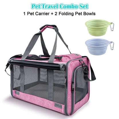 Airline Approved Pet Carrier Soft Sided – Breathable Collapsible Travel Bag for Cats & Small Dogs with Accessories Bundle Collar Bowls or Pet Glove 10 Colors Pink Blue Black Gray Navy Green Orange