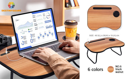 Lap Desk for Laptop with USB Port Storage Drawer & Cup Holder – Walnut Wood Bed Tray Table for Eating Writing Sofa Couch Adults Students