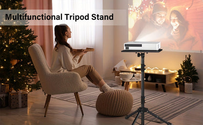 Projector & Laptop Tripod Stand – Height Adjustable with Gooseneck Phone Holder, 180° Tilt Tray, 22 lb Capacity, Portable Floor Stand for Office Home Stage Studio & DJ