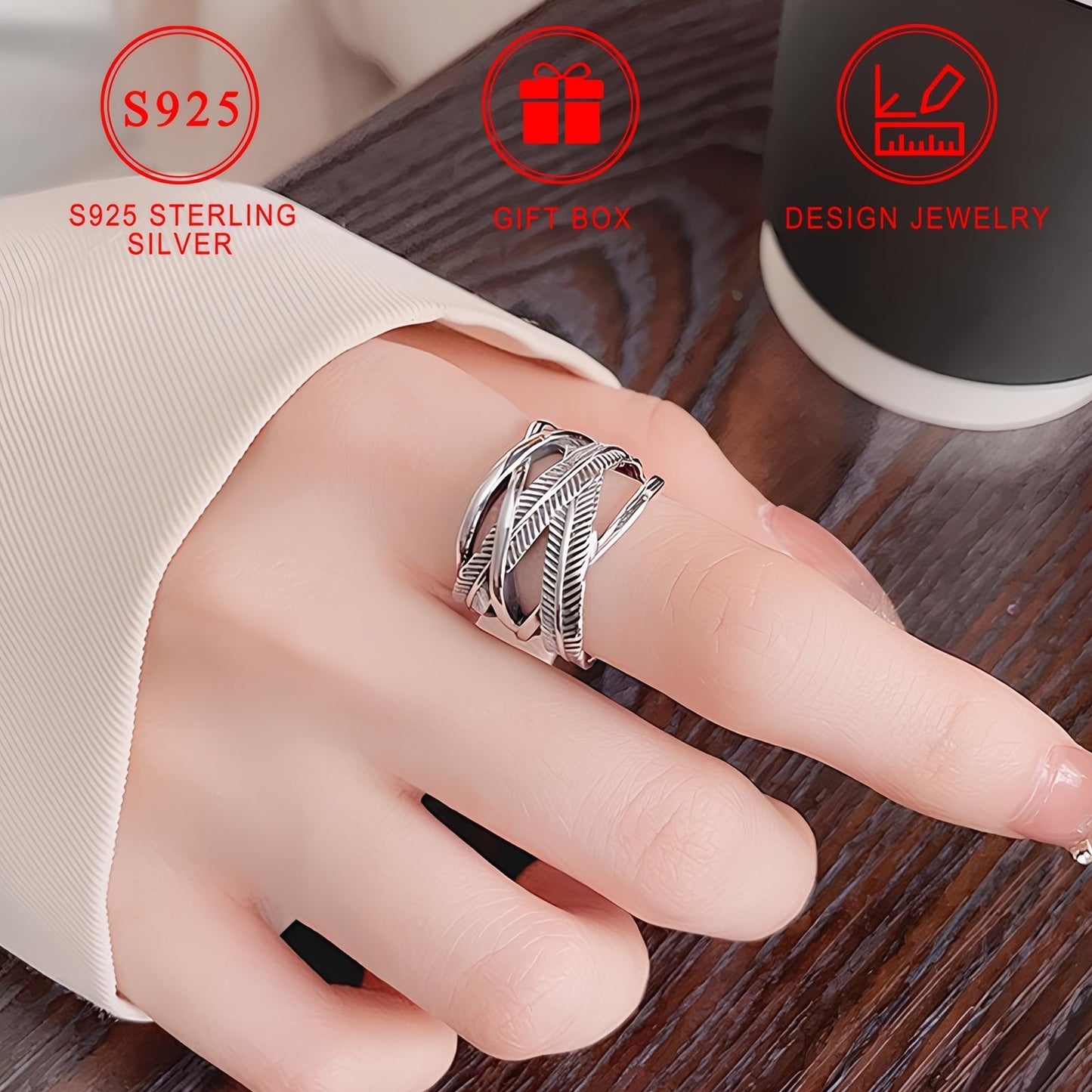 925 Sterling Silver Feather Ring Vintage Hip Hop Infinity Cross Band Fashion Jewelry for Women and Men Sizes 6 7 8 9 10 Daily Wear Gift
