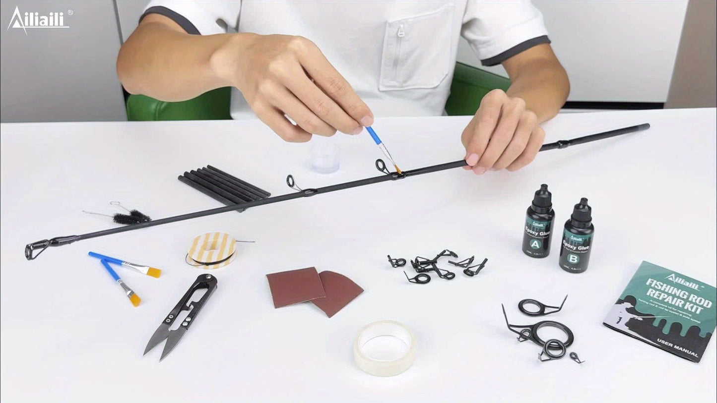 Fishing Rod Repair Kit Complete Set – Tip Top Rings, Rod Guides, AB Epoxy Glue, Winding Thread & Textured Paper, Full Replacement Supplies for Broken Rods