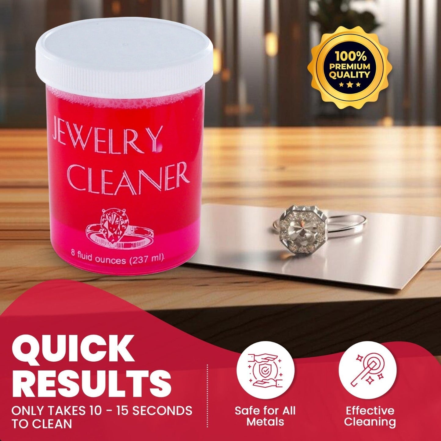 Jewelry Cleaner 8 fl oz for Gold, Silver & Platinum – Fast-Acting Dip Formula, Includes Strainer Basket, Cleaning Brush & Microfiber Cloth – Safe for Stones & Pearls