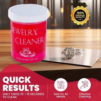 Jewelry Cleaner 8 fl oz for Gold, Silver & Platinum – Fast-Acting Dip Formula, Includes Strainer Basket, Cleaning Brush & Microfiber Cloth – Safe for Stones & Pearls