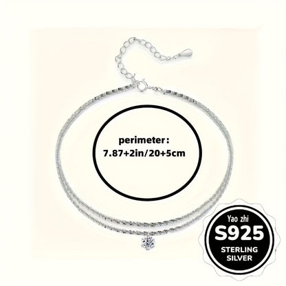 3-Pack 925 Sterling Silver Anklet Set for Women Sparkling Zirconia Wave & Braided Boho Vintage Design Beach Party Jewelry