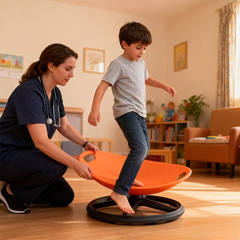 Sensory Spin Chair for Kids with Autism ADHD – Oval Eggshell Spinning Stool Anti-Slip Metal Base, Vestibular Sensory Integration Therapy Equipment for Home & Classroom (Blue/Orange)
